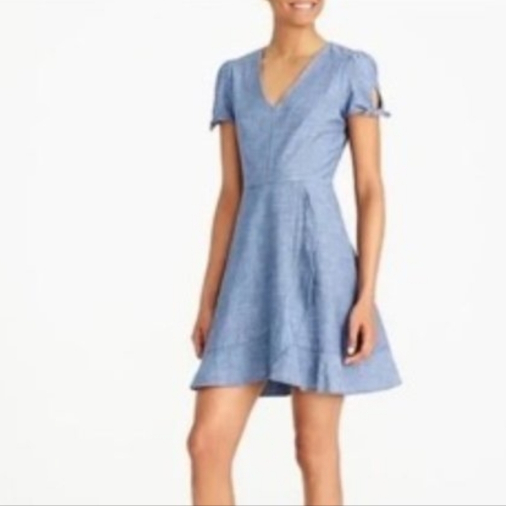 J. Crew Faux Wrap Chambray Dress Ruffled Denim Blue Women's Size 4 Summer Preppy